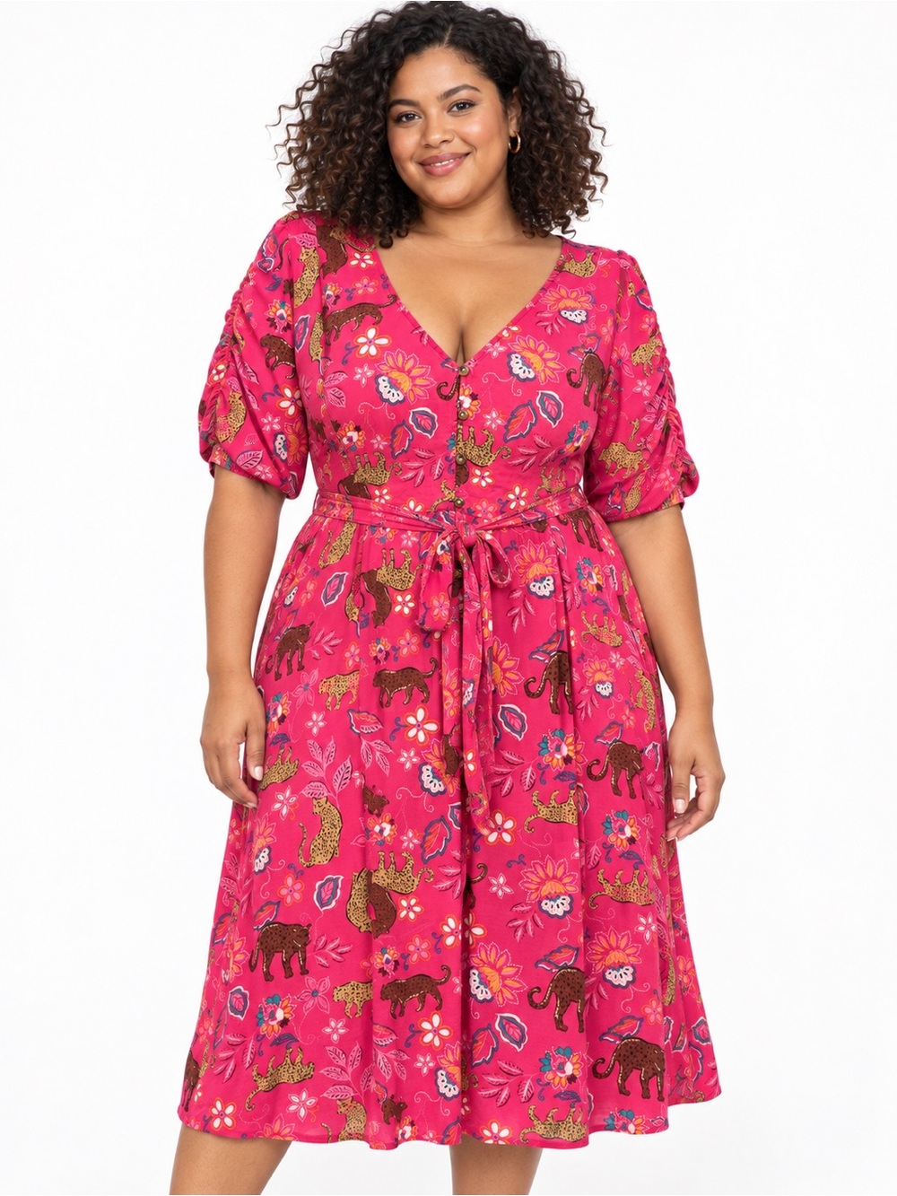 Torrid Size 2 Pink Leopard Floral Midi Dress Junglecore Belted